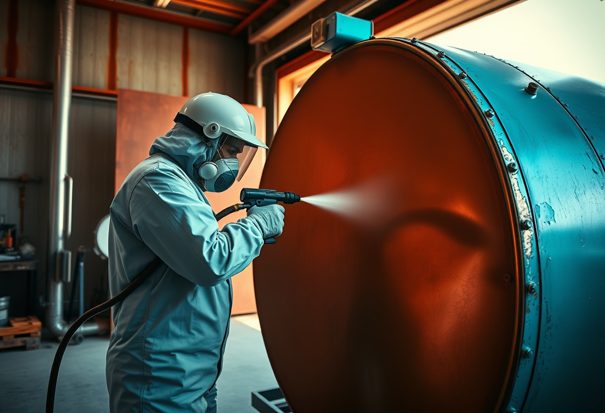 Technician spray-applying polyurea coating to industrial infrastructure in Arizona