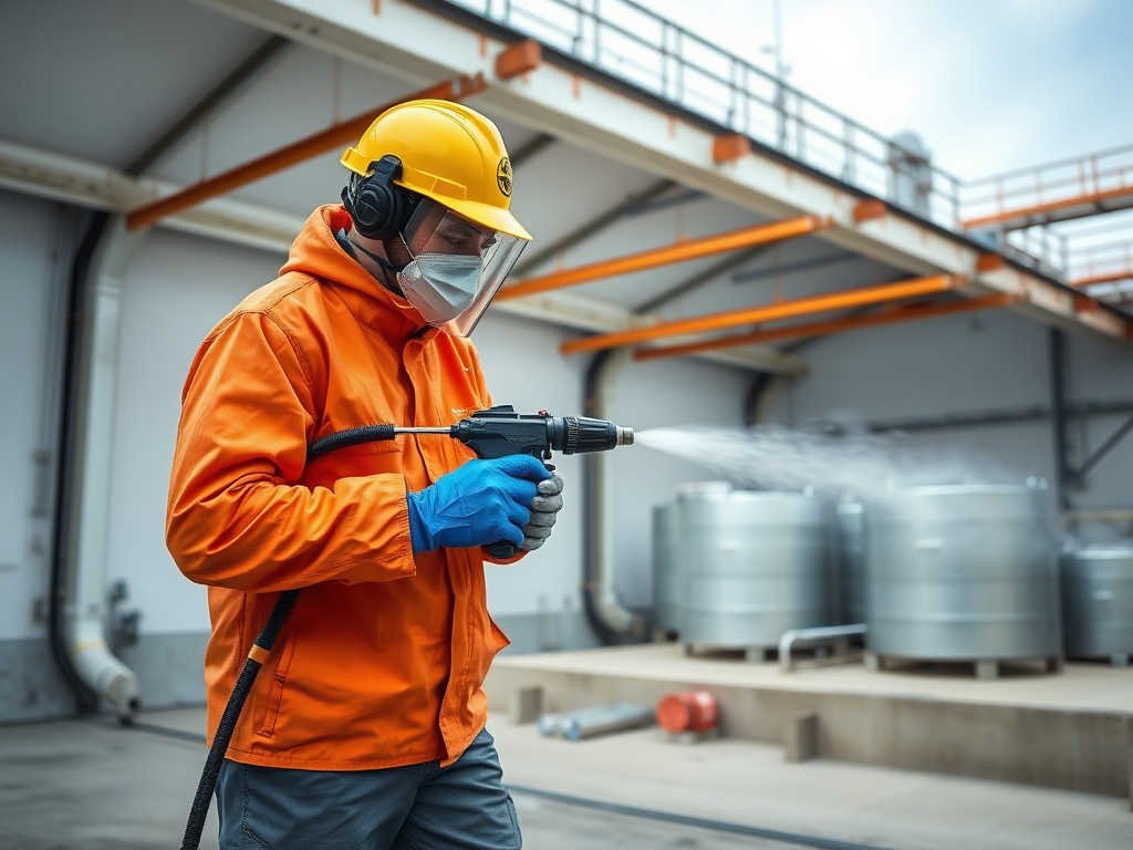 Technician spray-applying polyurea coating inside an industrial secondary containment structure
